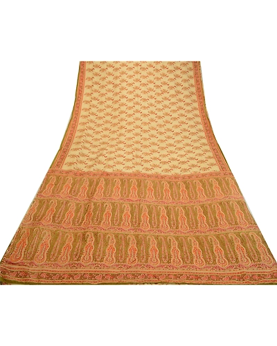 Sanskriti Vintage Sarees Shades Of Cream Pure Silk Printed Sari 5Yd Craft Fabric, PR-64372-Shades Of Cream-Pure Silk-7