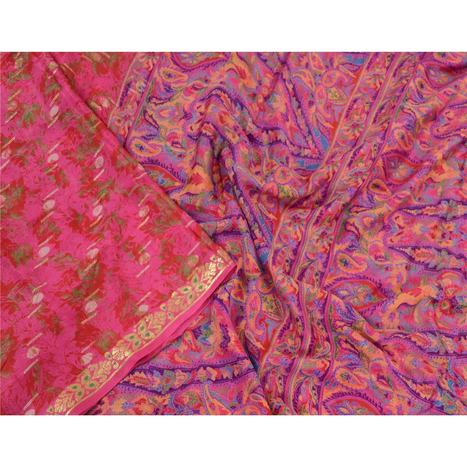 Sanskriti Vintage Sarees Indian Pink Pure Silk Printed Woven Sari Craft Fabric, PR-64376-Hot-Pink-Pure Silk-1