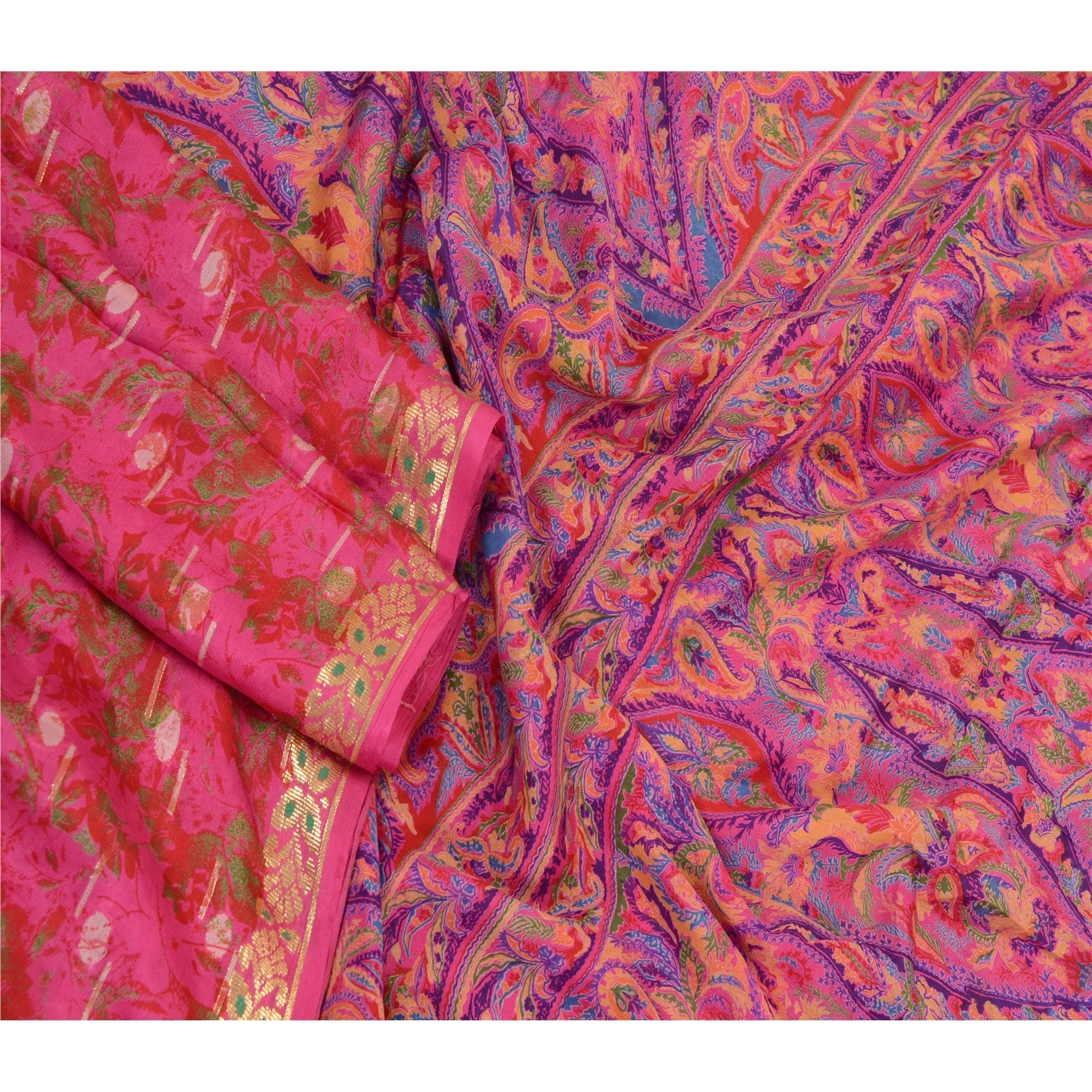 Sanskriti Vintage Sarees Indian Pink Pure Silk Printed Woven Sari Craft Fabric, PR-64376-Hot-Pink-Pure Silk-2