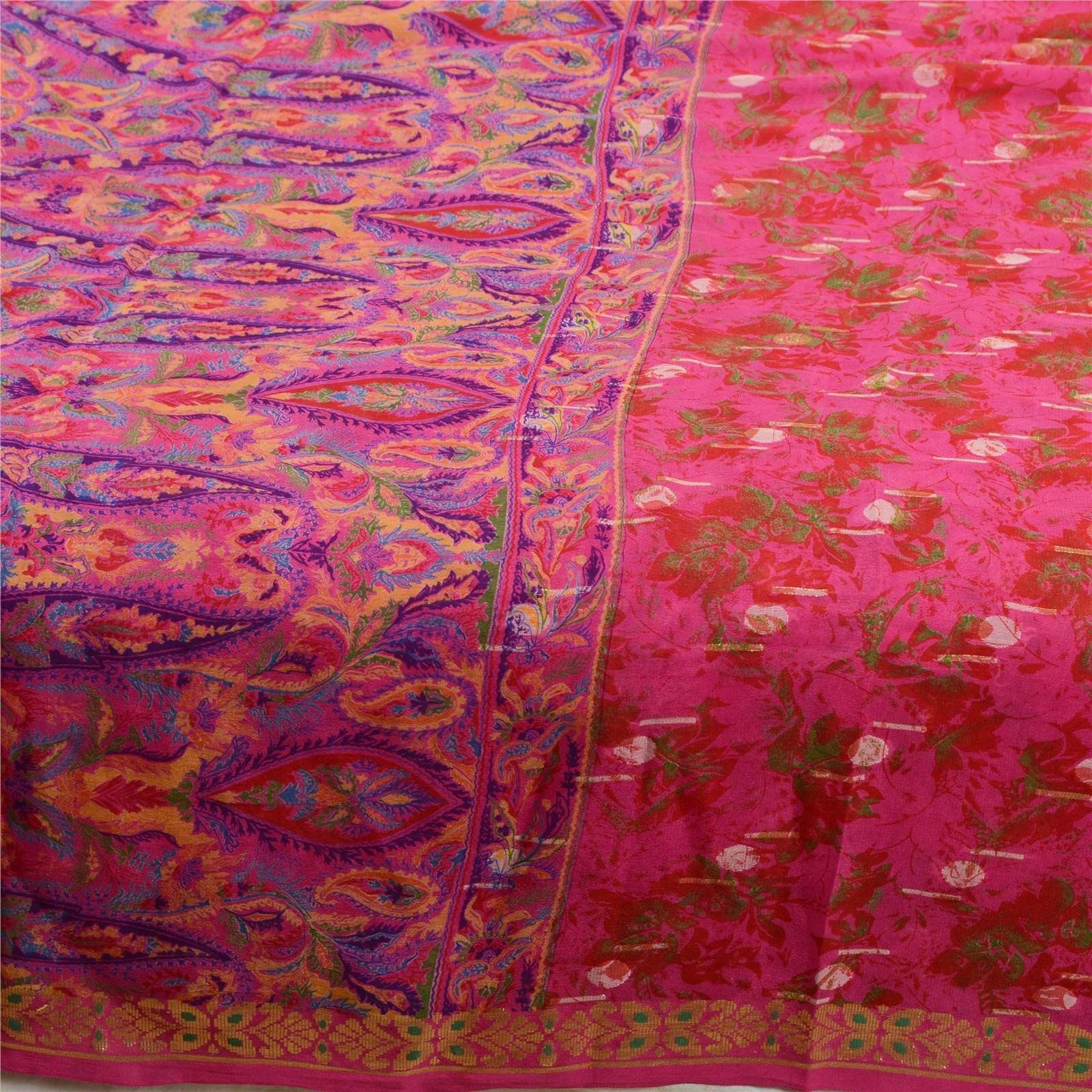 Sanskriti Vintage Sarees Indian Pink Pure Silk Printed Woven Sari Craft Fabric, PR-64376-Hot-Pink-Pure Silk-3