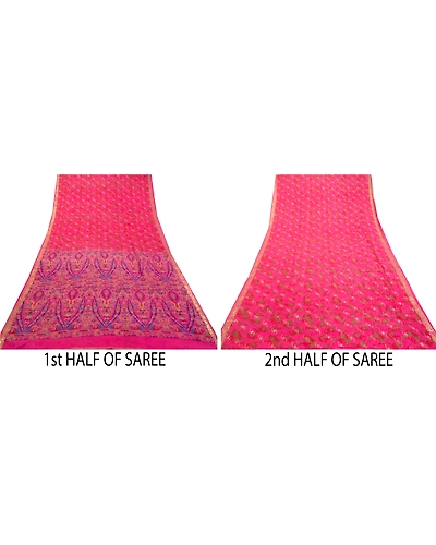 Sanskriti Vintage Sarees Indian Pink Pure Silk Printed Woven Sari Craft Fabric, PR-64376-Hot-Pink-Pure Silk-4