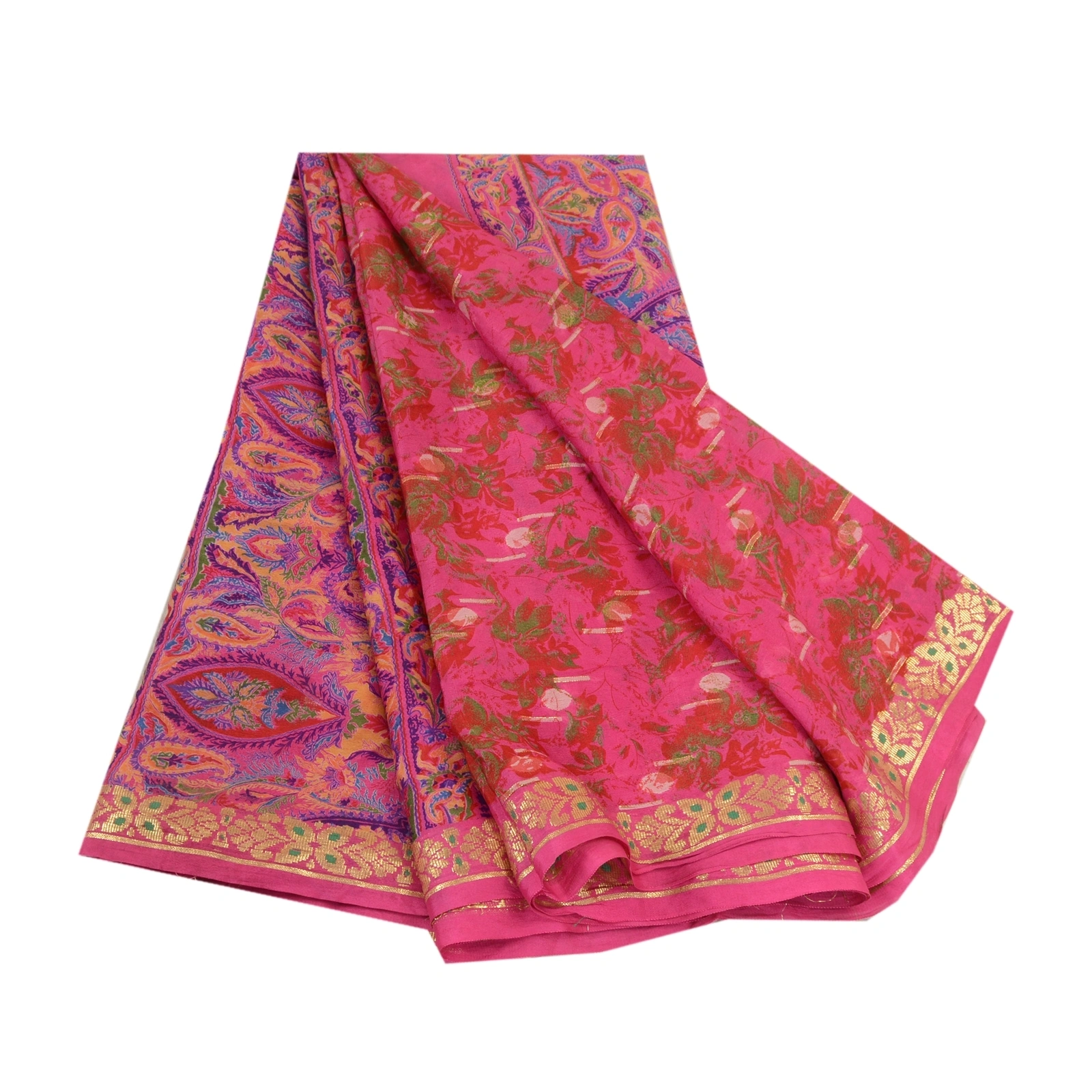 Sanskriti Vintage Sarees Indian Pink Pure Silk Printed Woven Sari Craft Fabric, PR-64376-Hot-Pink-Pure Silk-6