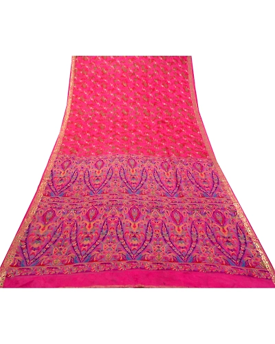 Sanskriti Vintage Sarees Indian Pink Pure Silk Printed Woven Sari Craft Fabric, PR-64376-Hot-Pink-Pure Silk-7
