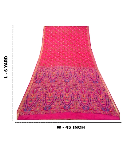 Sanskriti Vintage Sarees Indian Pink Pure Silk Printed Woven Sari Craft Fabric, PR-64376-Hot-Pink-Pure Silk-8