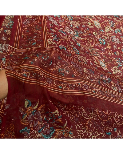 Sanskriti Vintage Sarees Dark Red Indian Printed Pure Silk Sari 5Yd Craft Fabric, PR-64415-Dark Red-Pure Silk-5