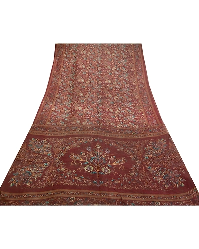 Sanskriti Vintage Sarees Dark Red Indian Printed Pure Silk Sari 5Yd Craft Fabric, PR-64415-Dark Red-Pure Silk-7