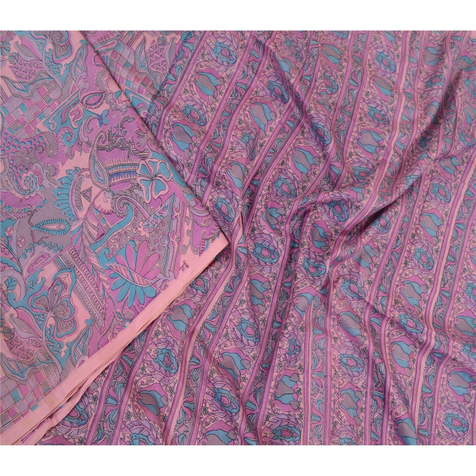 Sanskriti Vintage Sarees From India Purple Printed Pure Silk Sari Craft Fabric, PR-64417-Purple-Pure Silk-2