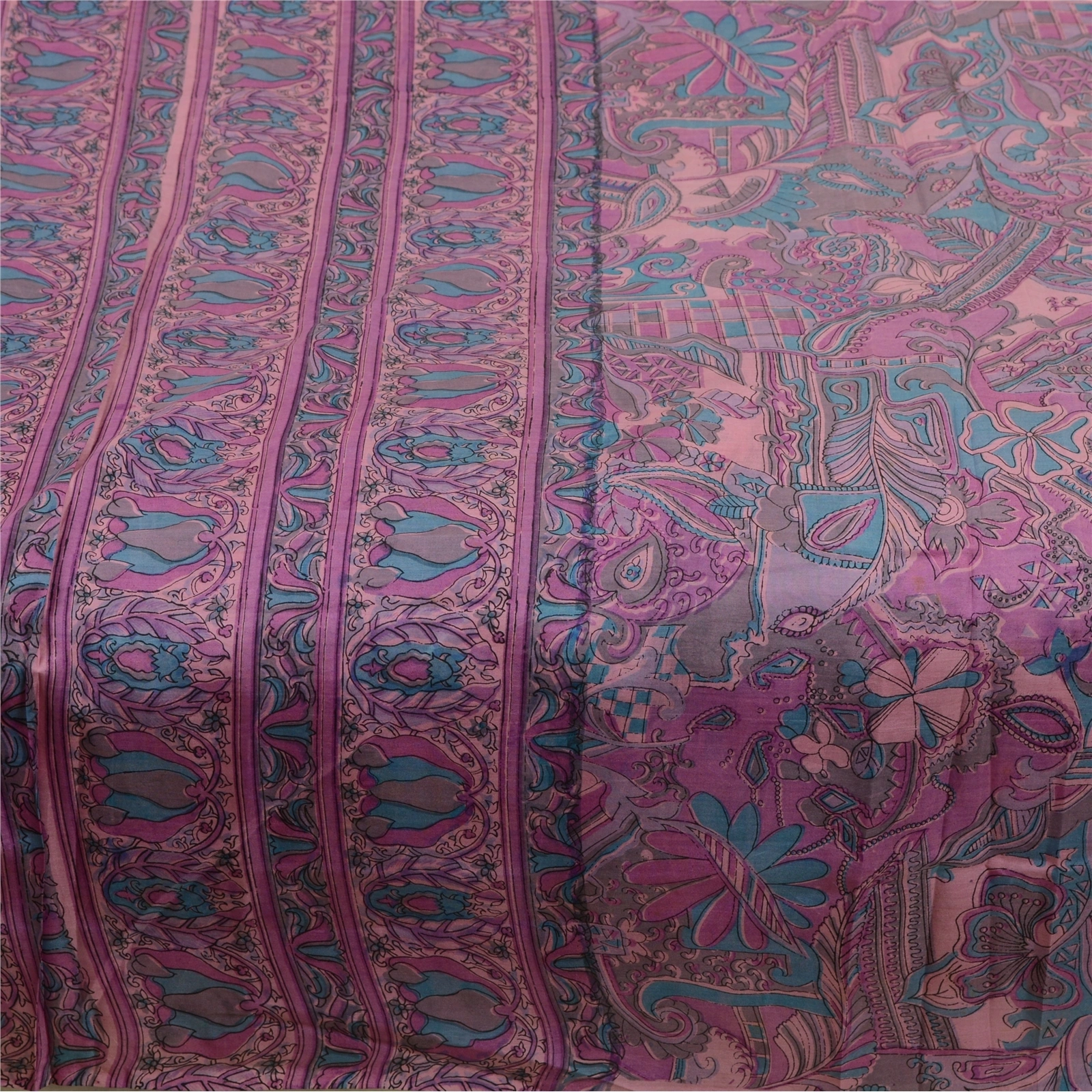 Sanskriti Vintage Sarees From India Purple Printed Pure Silk Sari Craft Fabric, PR-64417-Purple-Pure Silk-4