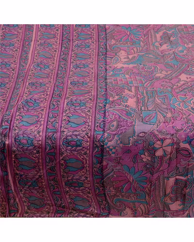 Sanskriti Vintage Sarees From India Purple Printed Pure Silk Sari Craft Fabric, PR-64417-Purple-Pure Silk-4