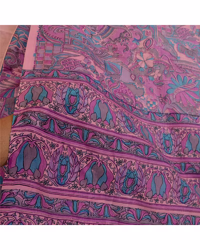 Sanskriti Vintage Sarees From India Purple Printed Pure Silk Sari Craft Fabric, PR-64417-Purple-Pure Silk-6