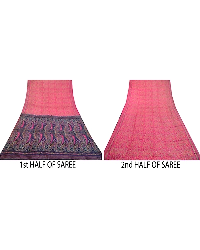 Sanskriti Vintage Sarees From India Pink-Blue Printed Pure Silk Sari 5Yd Fabric, PR-64418-Pink &amp; Blue-Pure Silk-4