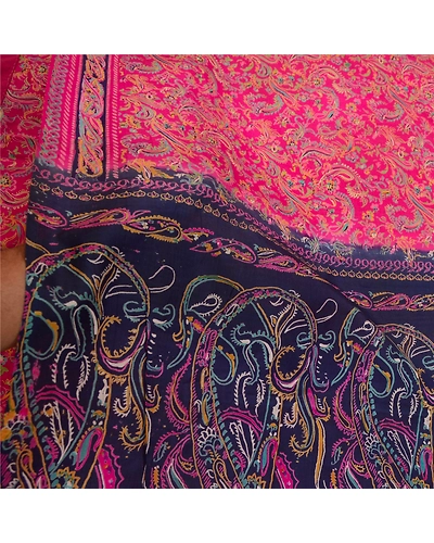 Sanskriti Vintage Sarees From India Pink-Blue Printed Pure Silk Sari 5Yd Fabric, PR-64418-Pink &amp; Blue-Pure Silk-5