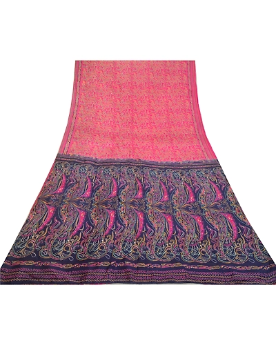Sanskriti Vintage Sarees From India Pink-Blue Printed Pure Silk Sari 5Yd Fabric, PR-64418-Pink &amp; Blue-Pure Silk-7