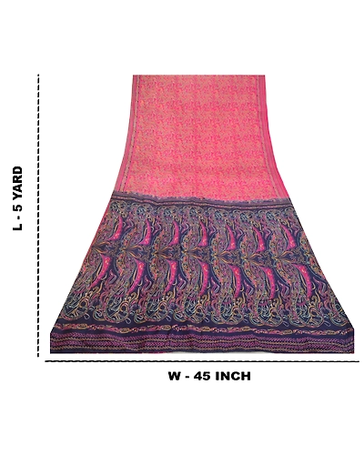 Sanskriti Vintage Sarees From India Pink-Blue Printed Pure Silk Sari 5Yd Fabric, PR-64418-Pink &amp; Blue-Pure Silk-8