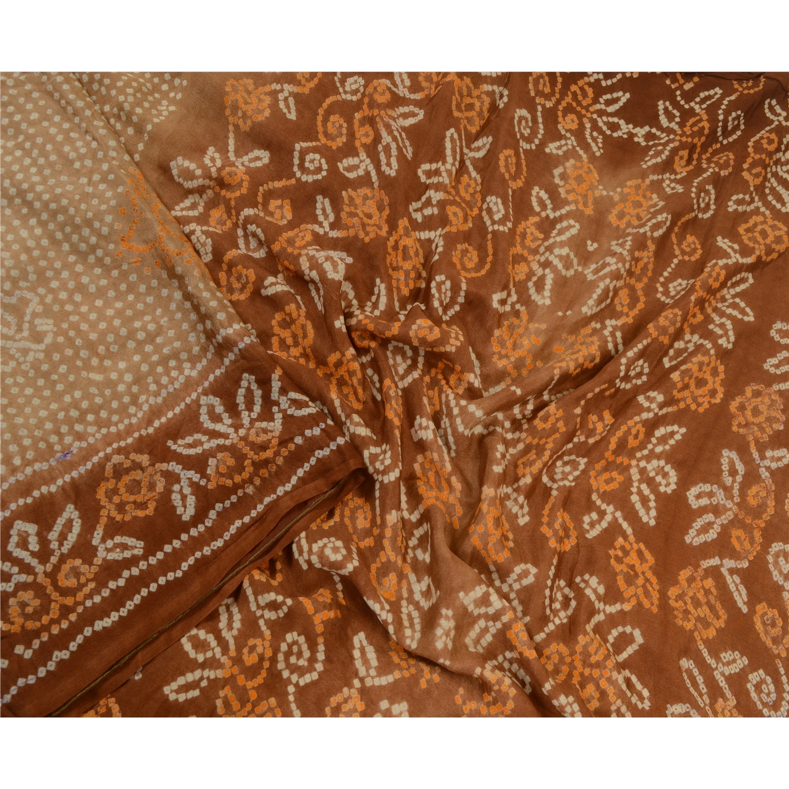 Sanskriti Vintage Sarees Brown Bandhani Printed Pure Silk Sari Soft Craft Fabric, PR-64419-Brown-Pure Silk-2