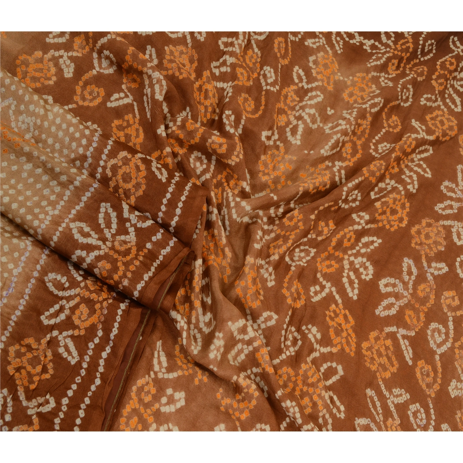 Sanskriti Vintage Sarees Brown Bandhani Printed Pure Silk Sari Soft Craft Fabric, PR-64419-Brown-Pure Silk-3