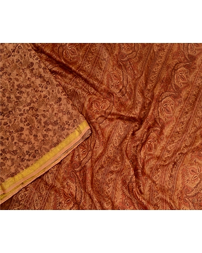 Sanskriti Vintage Sarees Caramel Zari Border Printed Pure Silk Sari Craft Fabric, PR-64422-Caramel-Pure Silk-1