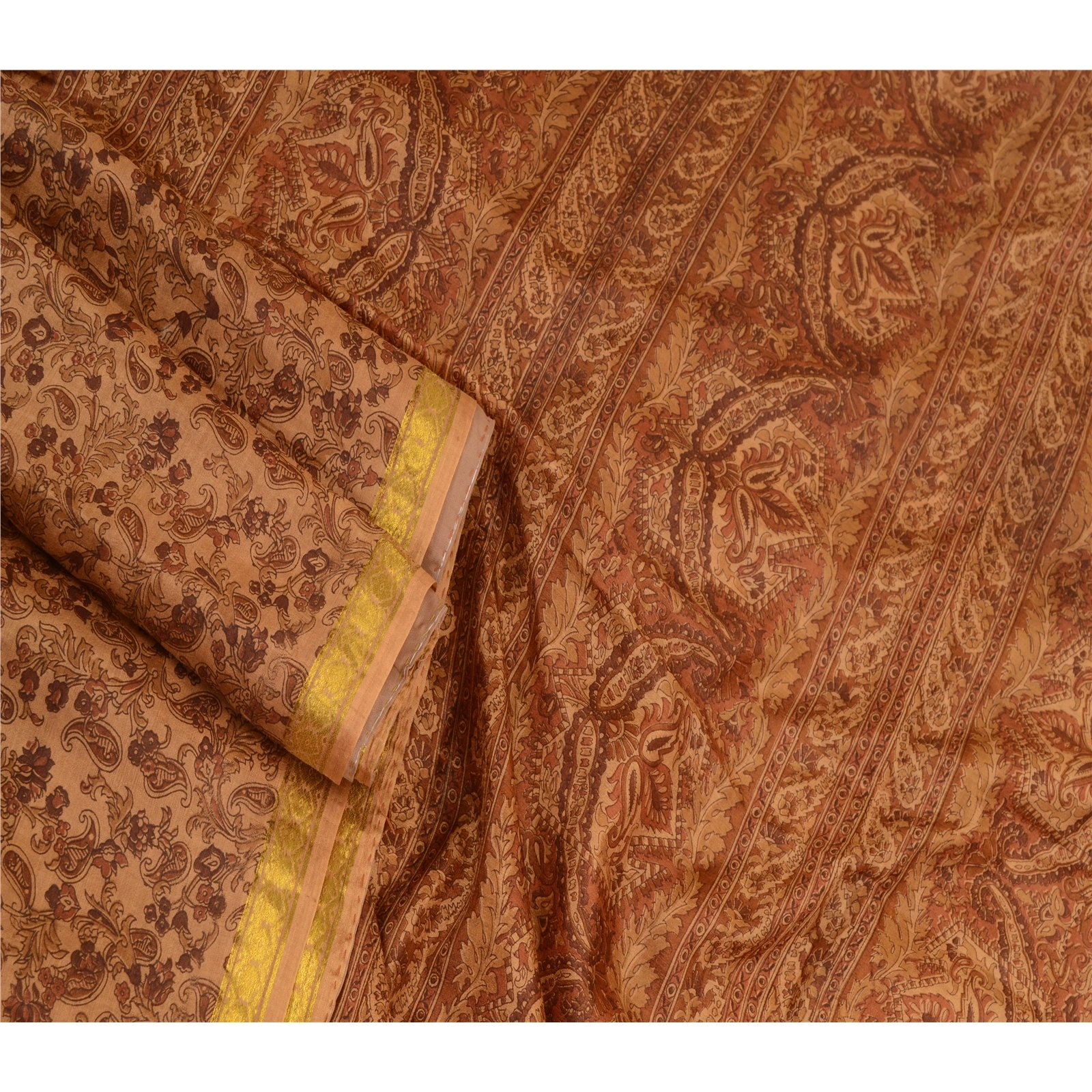 Sanskriti Vintage Sarees Caramel Zari Border Printed Pure Silk Sari Craft Fabric, PR-64422-Caramel-Pure Silk-2