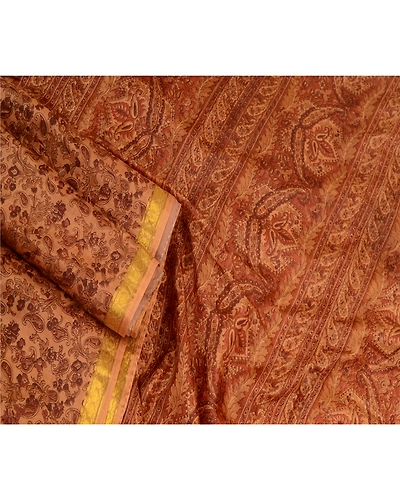 Sanskriti Vintage Sarees Caramel Zari Border Printed Pure Silk Sari Craft Fabric, PR-64422-Caramel-Pure Silk-2