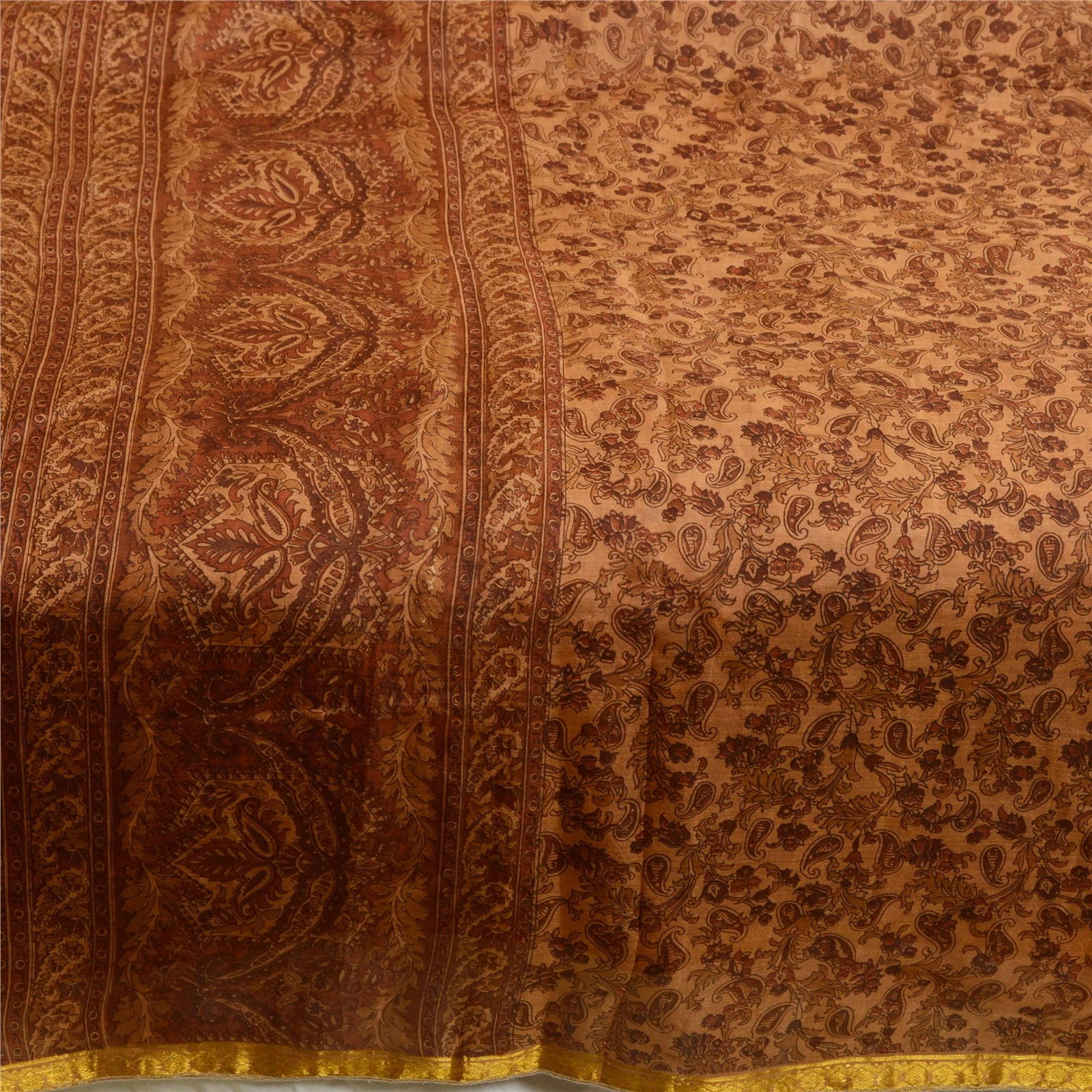 Sanskriti Vintage Sarees Caramel Zari Border Printed Pure Silk Sari Craft Fabric, PR-64422-Caramel-Pure Silk-3