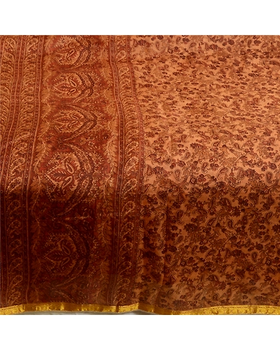 Sanskriti Vintage Sarees Caramel Zari Border Printed Pure Silk Sari Craft Fabric, PR-64422-Caramel-Pure Silk-3