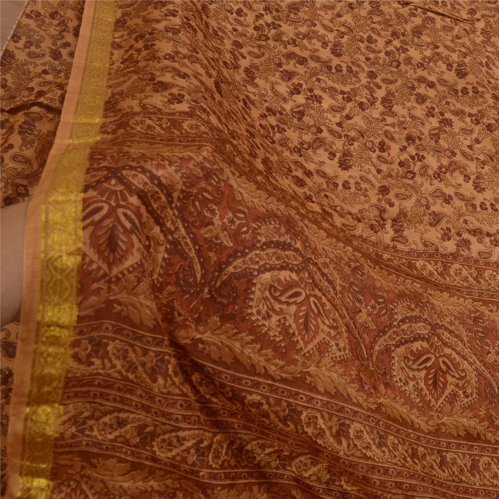 Sanskriti Vintage Sarees Caramel Zari Border Printed Pure Silk Sari Craft Fabric, PR-64422-Caramel-Pure Silk-5