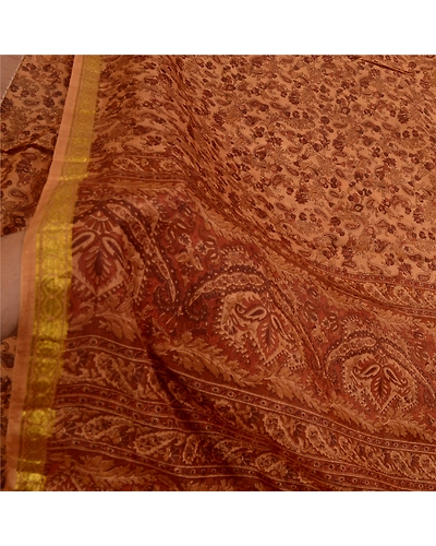 Sanskriti Vintage Sarees Caramel Zari Border Printed Pure Silk Sari Craft Fabric, PR-64422-Caramel-Pure Silk-5