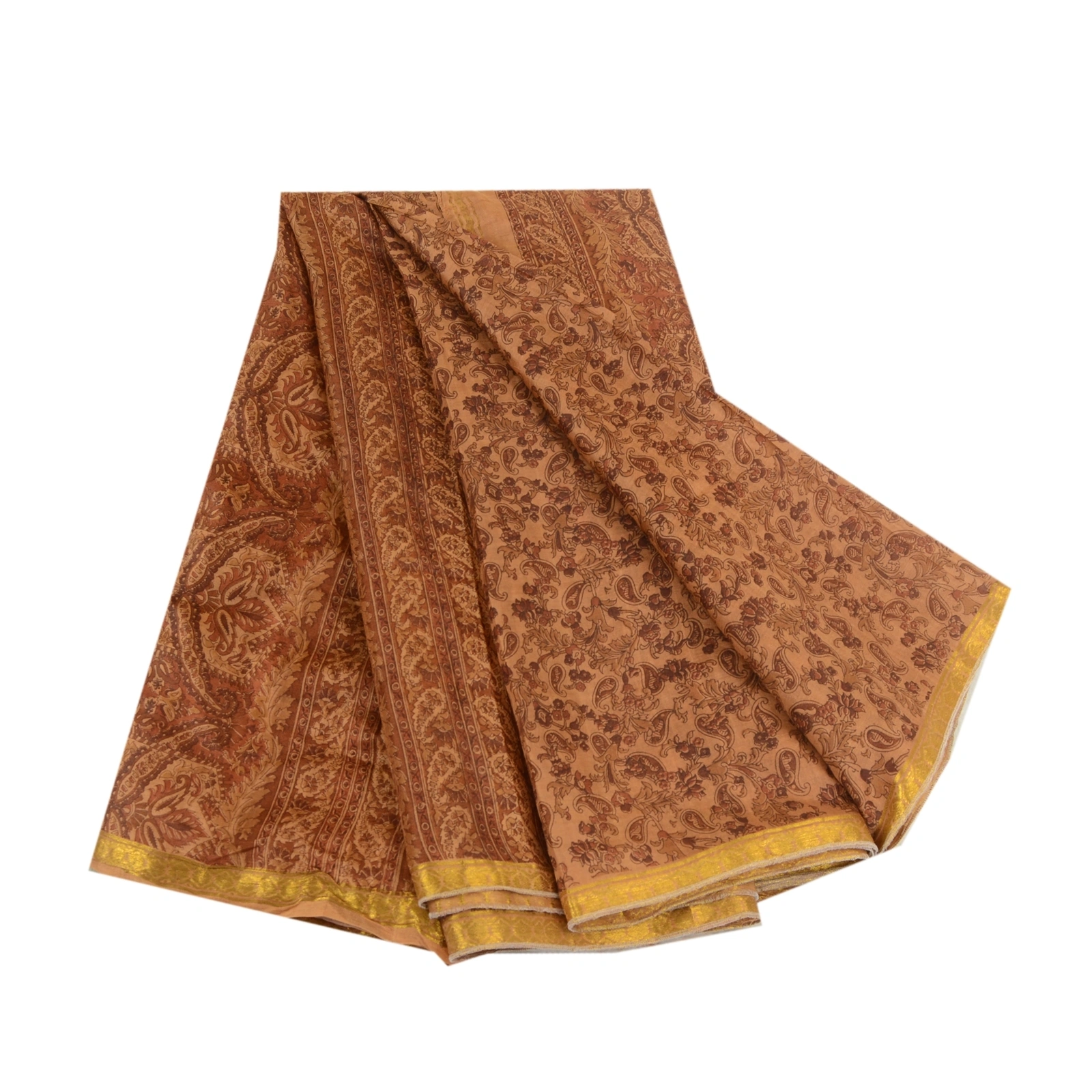 Sanskriti Vintage Sarees Caramel Zari Border Printed Pure Silk Sari Craft Fabric, PR-64422-Caramel-Pure Silk-6