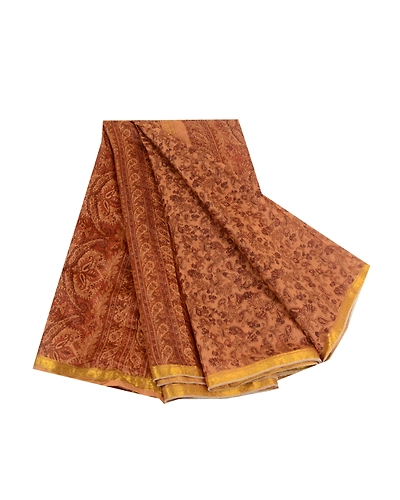 Sanskriti Vintage Sarees Caramel Zari Border Printed Pure Silk Sari Craft Fabric, PR-64422-Caramel-Pure Silk-6