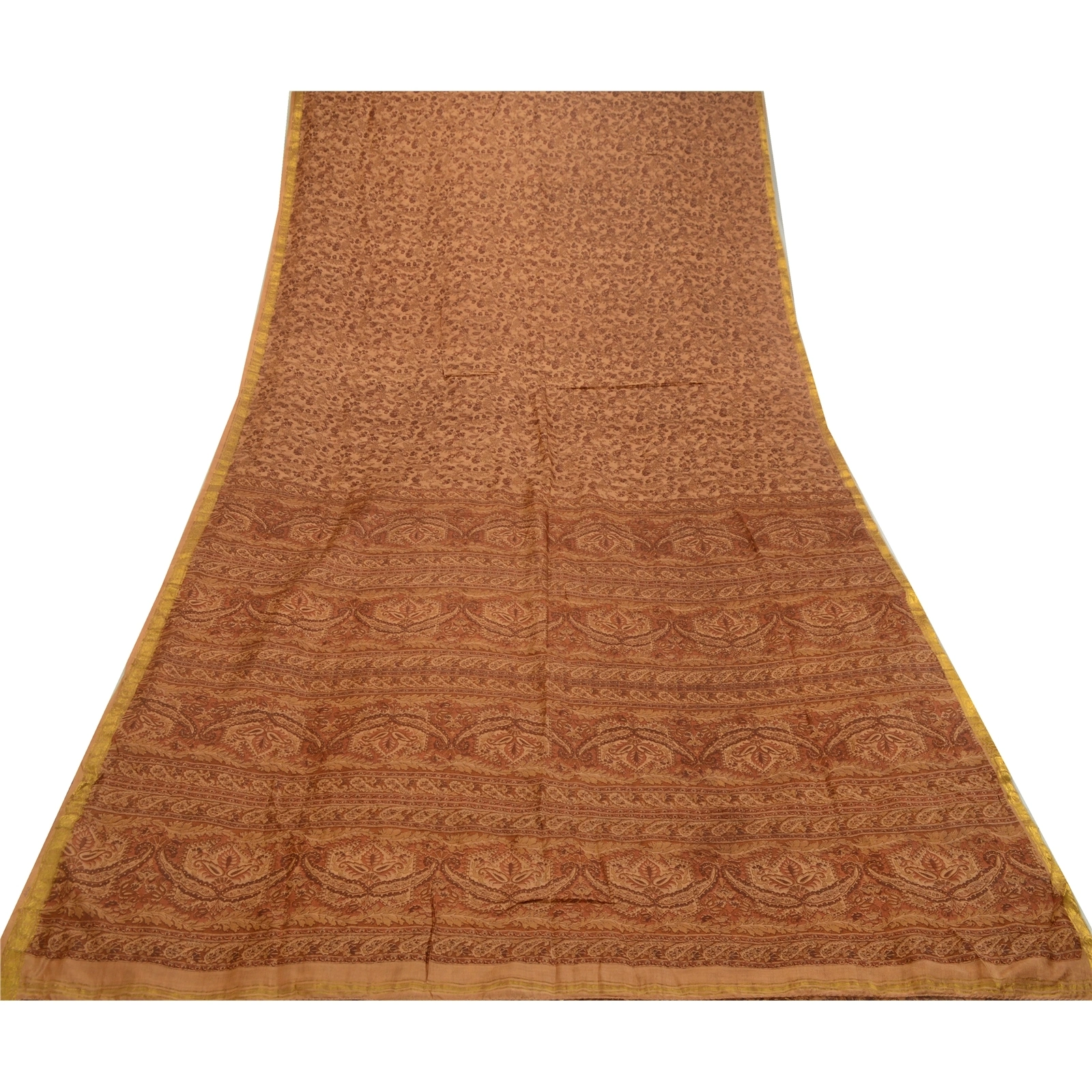 Sanskriti Vintage Sarees Caramel Zari Border Printed Pure Silk Sari Craft Fabric, PR-64422-Caramel-Pure Silk-7