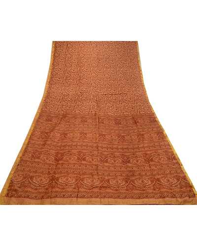 Sanskriti Vintage Sarees Caramel Zari Border Printed Pure Silk Sari Craft Fabric, PR-64422-Caramel-Pure Silk-7