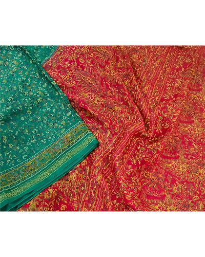 Sanskriti Vintage Sarees Green &amp; Pink Zari Border Printed Pure Silk Sari Fabric, PR-64447-Green &amp; Pink-Pure Silk-1