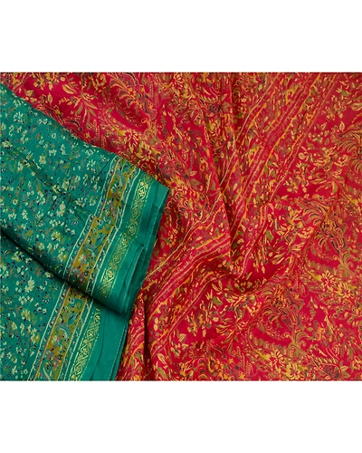 Sanskriti Vintage Sarees Green &amp; Pink Zari Border Printed Pure Silk Sari Fabric, PR-64447-Green &amp; Pink-Pure Silk-2