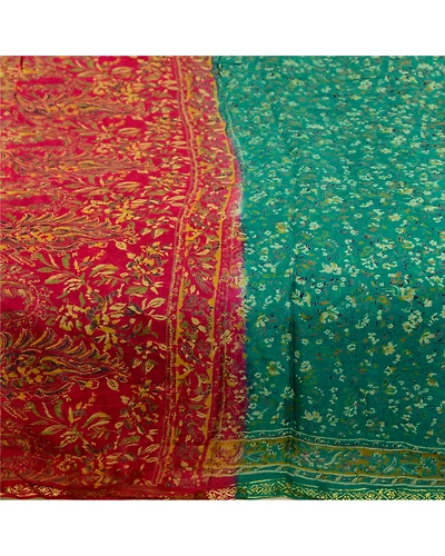 Sanskriti Vintage Sarees Green &amp; Pink Zari Border Printed Pure Silk Sari Fabric, PR-64447-Green &amp; Pink-Pure Silk-3