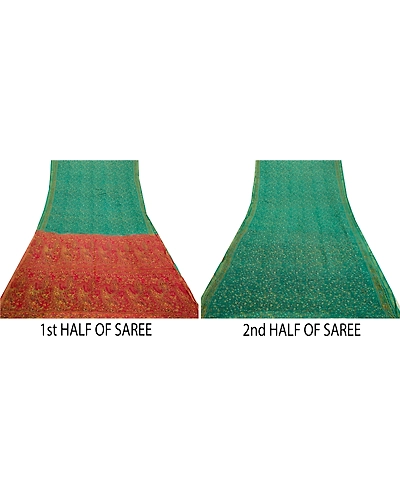 Sanskriti Vintage Sarees Green &amp; Pink Zari Border Printed Pure Silk Sari Fabric, PR-64447-Green &amp; Pink-Pure Silk-4