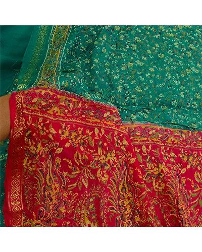 Sanskriti Vintage Sarees Green &amp; Pink Zari Border Printed Pure Silk Sari Fabric, PR-64447-Green &amp; Pink-Pure Silk-5