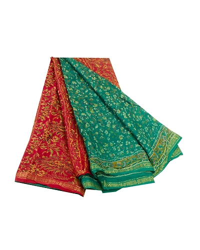 Sanskriti Vintage Sarees Green &amp; Pink Zari Border Printed Pure Silk Sari Fabric, PR-64447-Green &amp; Pink-Pure Silk-7