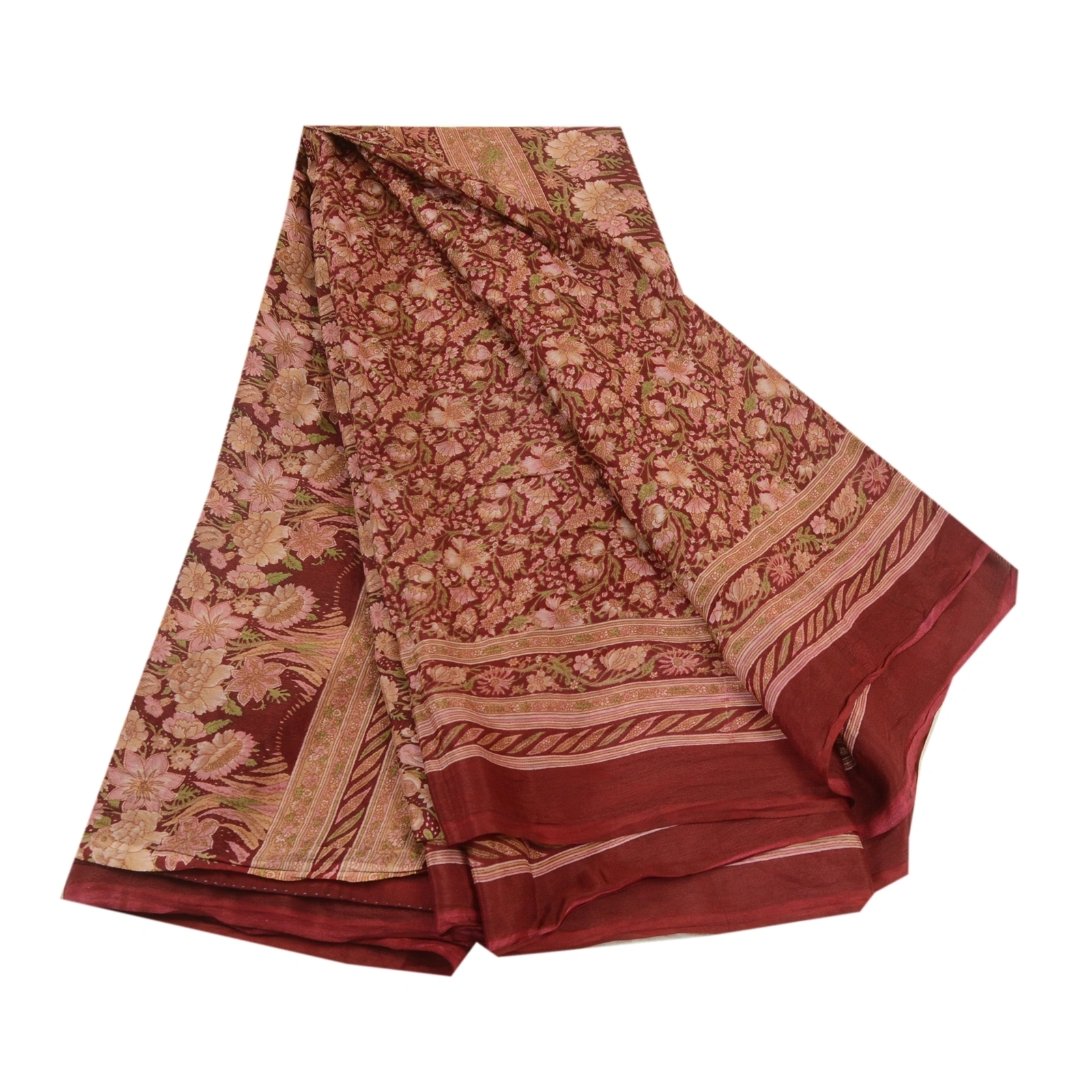 Sanskriti Vintage Sarees Indian Dark Red Printed Pure Silk Sari 5Yd Craft Fabric, PR-64449-Dark Red-Pure Silk-6