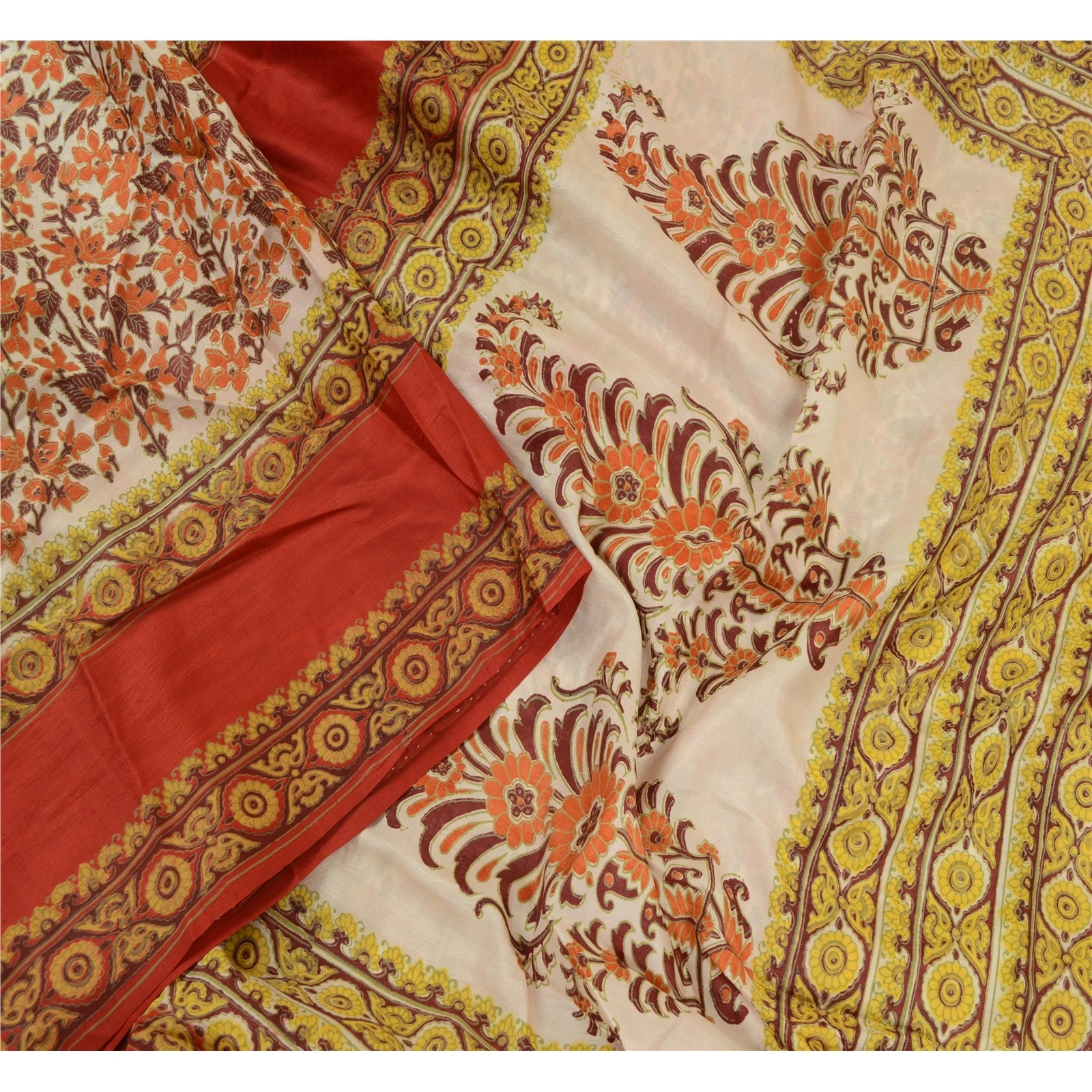 Sanskriti Vintage Sarees Indian Red &amp; Green Block Printed Pure Silk Sari Fabric, PR-64451-Red &amp; Green-Pure Silk-1