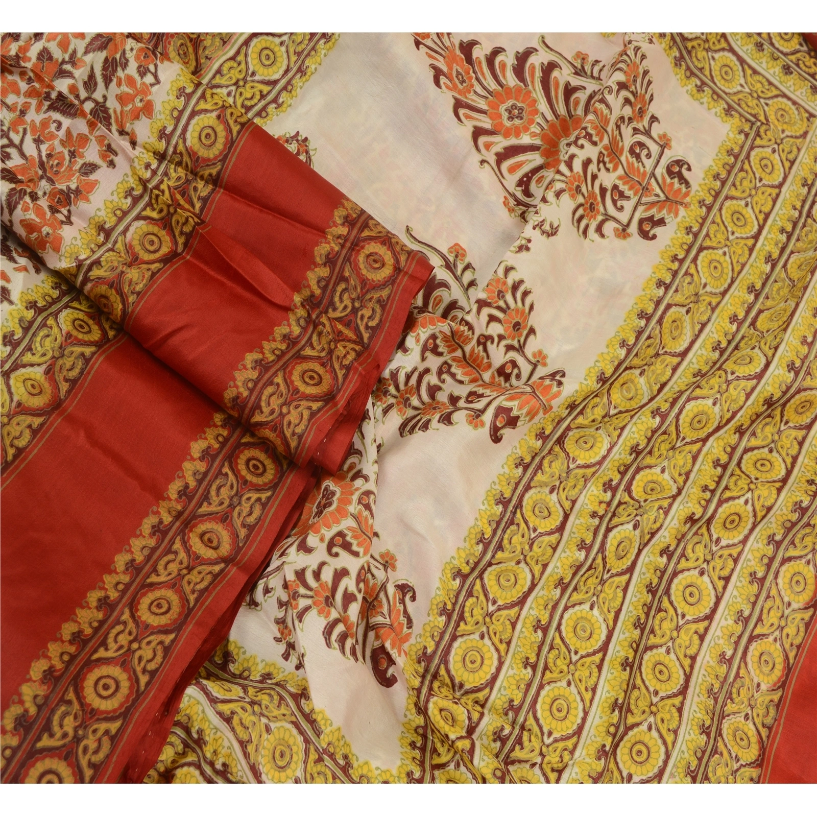 Sanskriti Vintage Sarees Indian Red &amp; Green Block Printed Pure Silk Sari Fabric, PR-64451-Red &amp; Green-Pure Silk-2