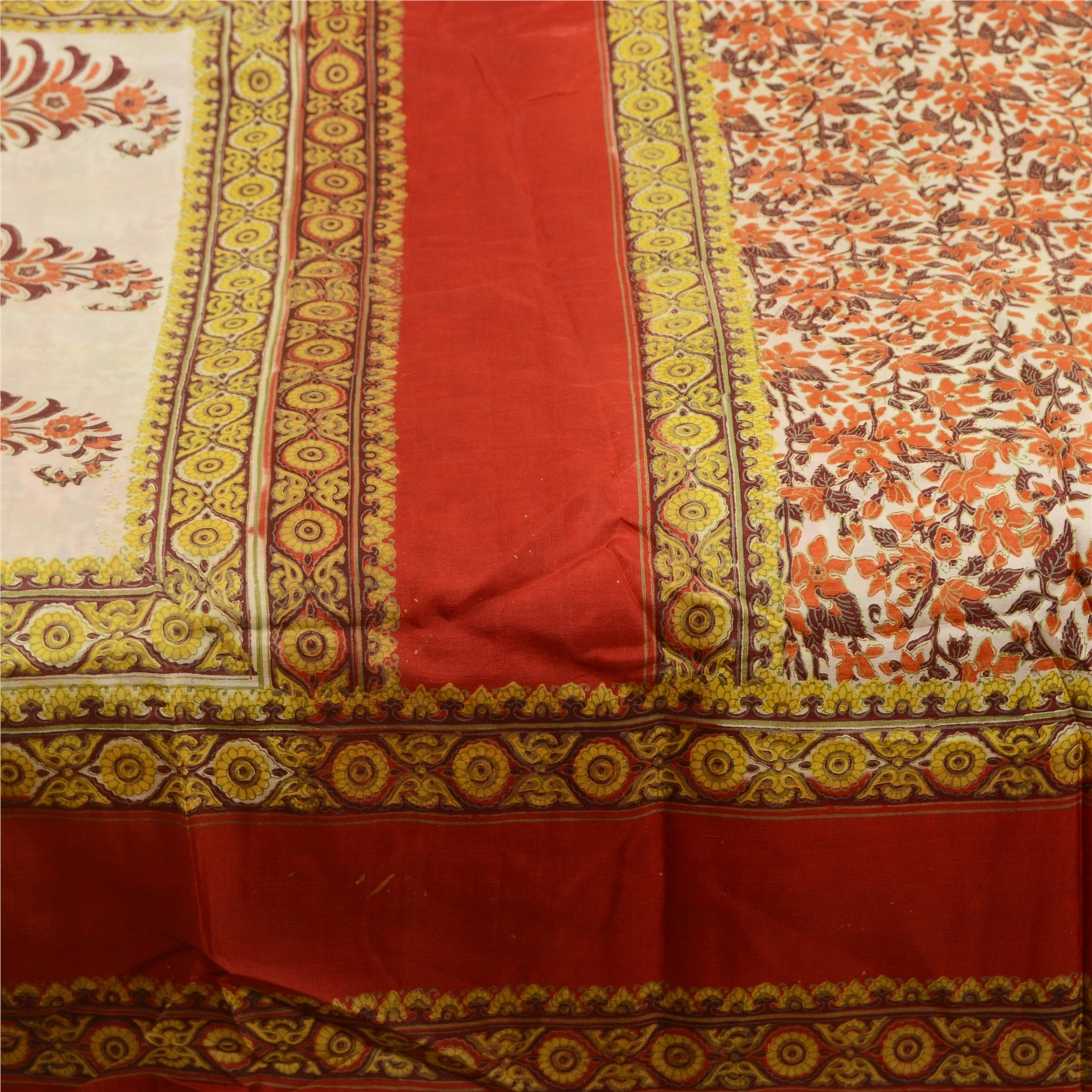 Sanskriti Vintage Sarees Indian Red &amp; Green Block Printed Pure Silk Sari Fabric, PR-64451-Red &amp; Green-Pure Silk-3