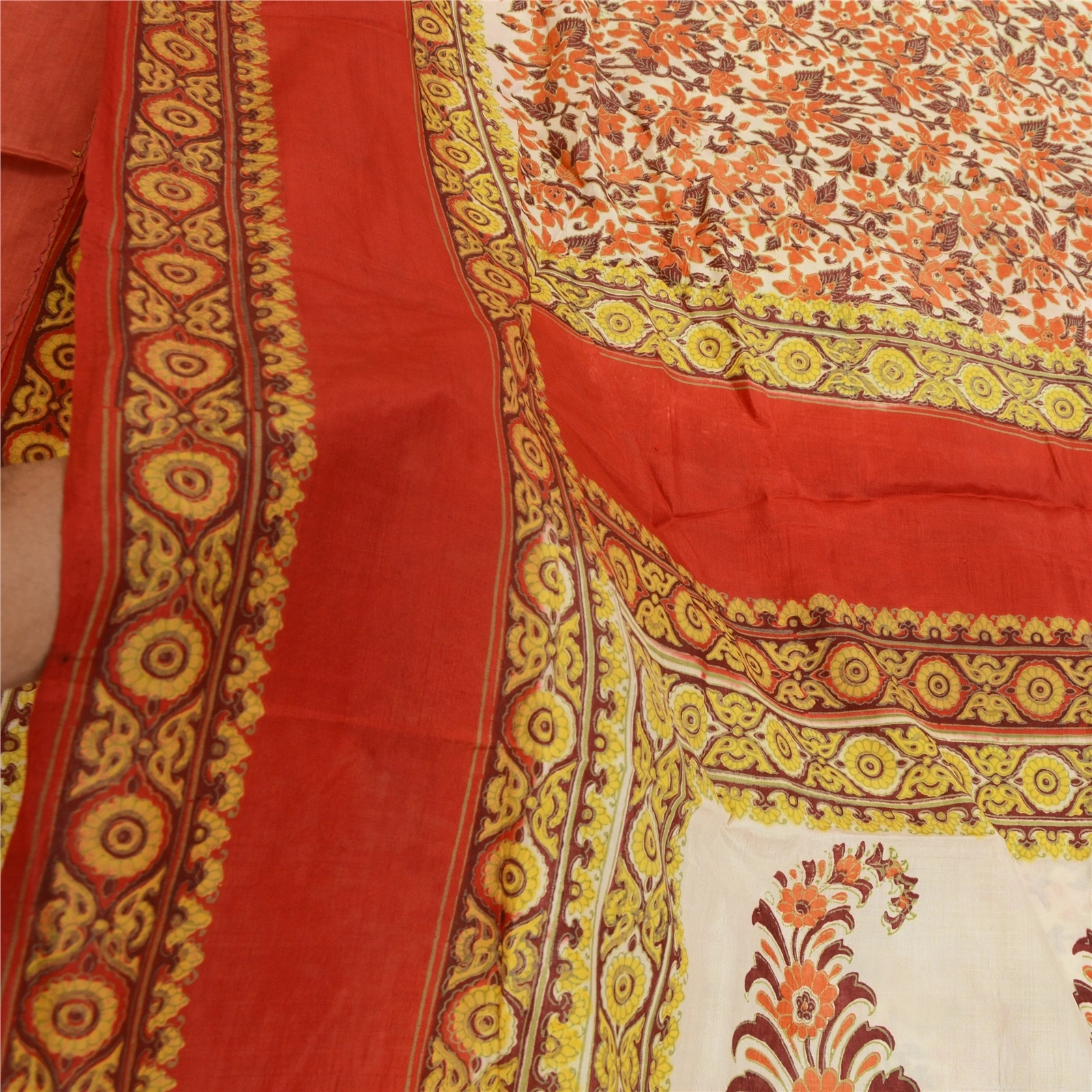 Sanskriti Vintage Sarees Indian Red &amp; Green Block Printed Pure Silk Sari Fabric, PR-64451-Red &amp; Green-Pure Silk-5