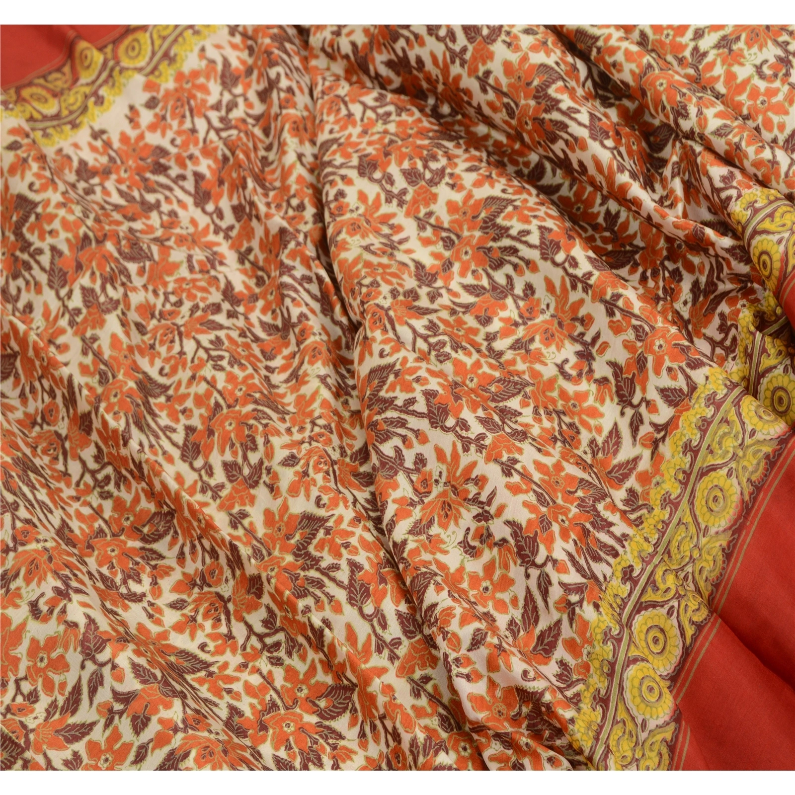 Sanskriti Vintage Sarees Indian Red &amp; Green Block Printed Pure Silk Sari Fabric, PR-64451-Red &amp; Green-Pure Silk-6