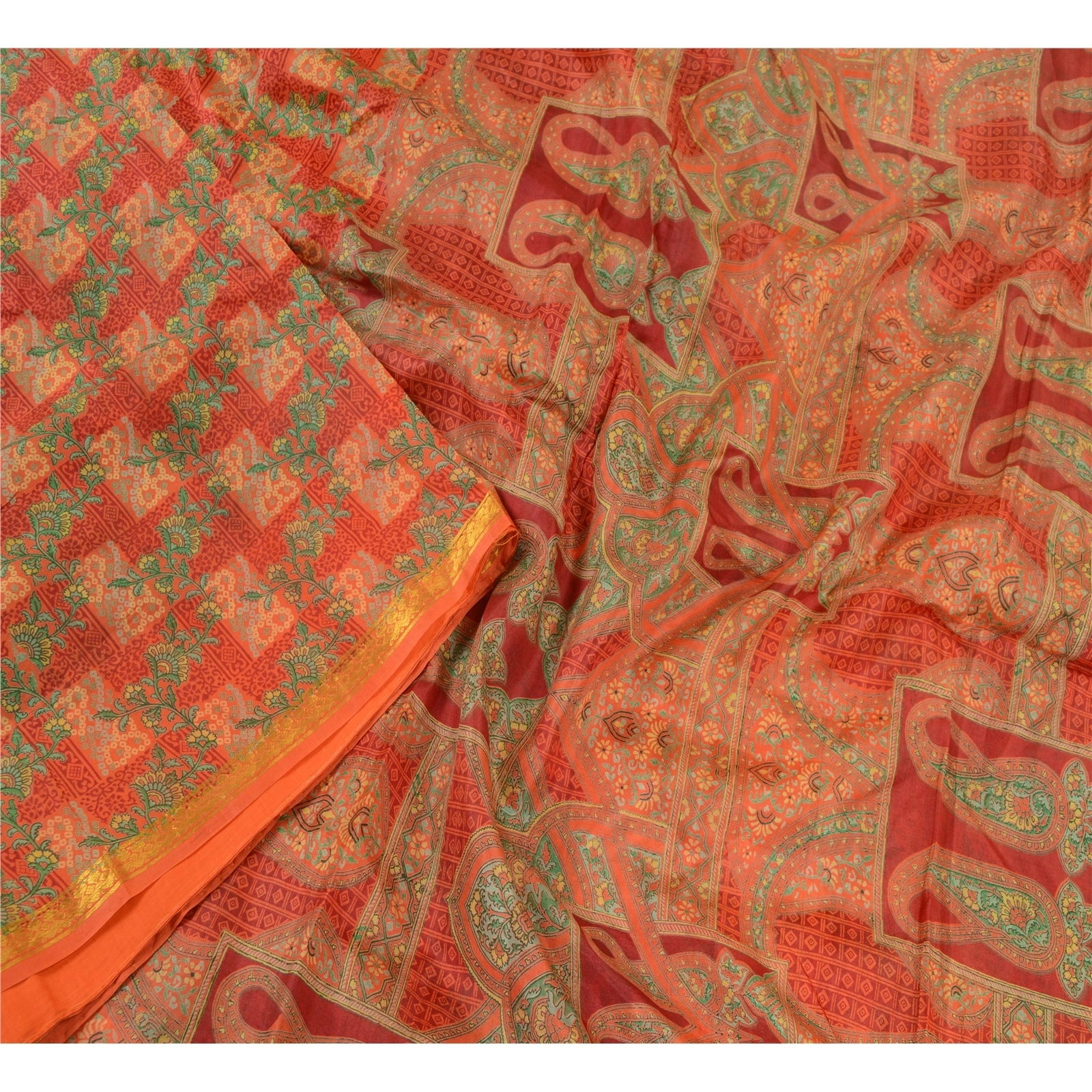 Sanskriti Vintage Sarees Orange-Green Zari Border Printed Pure Silk Sari Fabric, PR-64454-Orange &amp; Green-Pure Silk-1