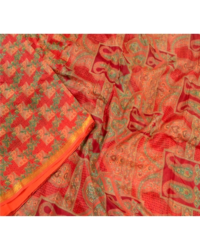 Sanskriti Vintage Sarees Orange-Green Zari Border Printed Pure Silk Sari Fabric, PR-64454-Orange &amp; Green-Pure Silk-1