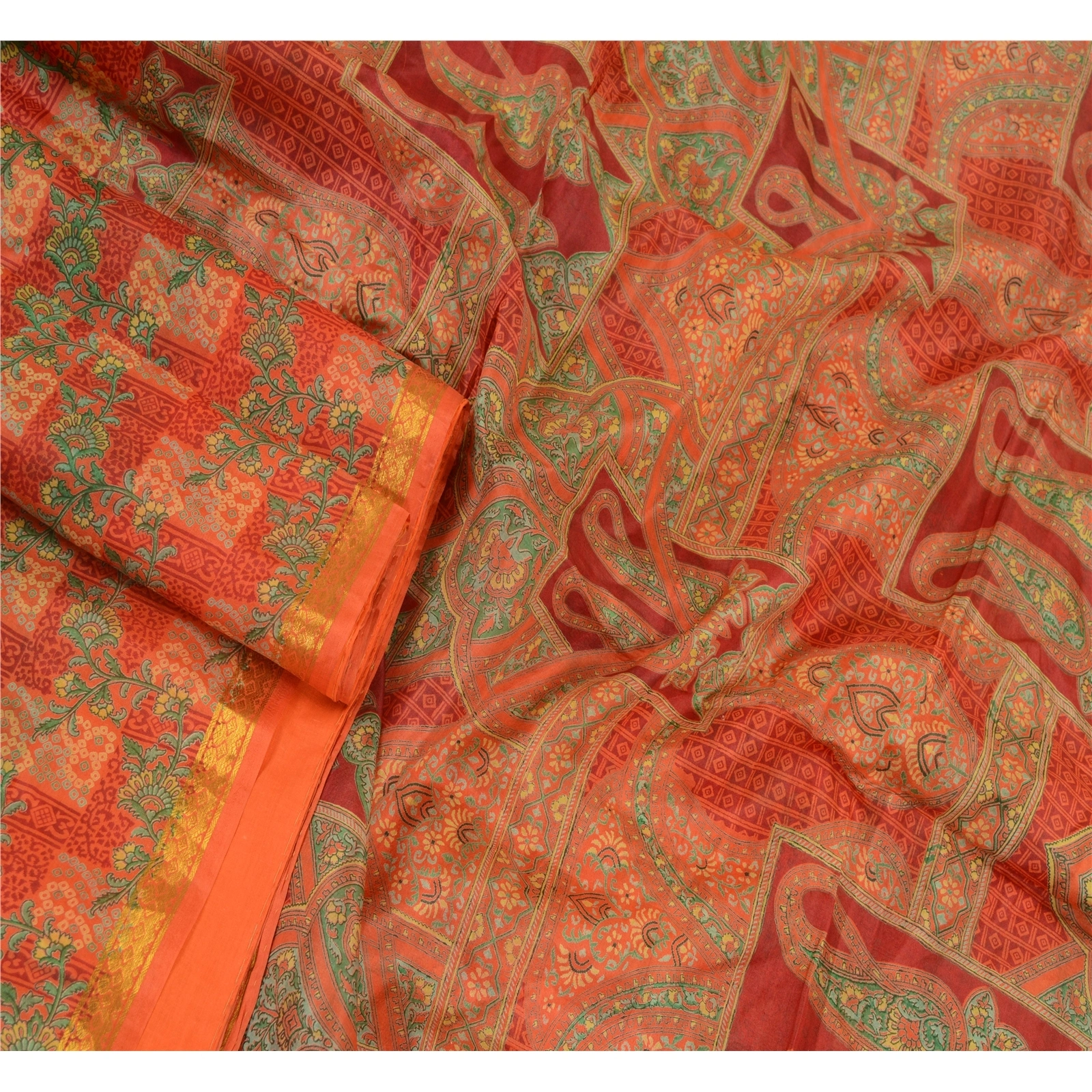 Sanskriti Vintage Sarees Orange-Green Zari Border Printed Pure Silk Sari Fabric, PR-64454-Orange &amp; Green-Pure Silk-2