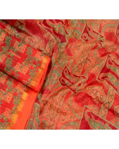 Sanskriti Vintage Sarees Orange-Green Zari Border Printed Pure Silk Sari Fabric, PR-64454-Orange &amp; Green-Pure Silk-2