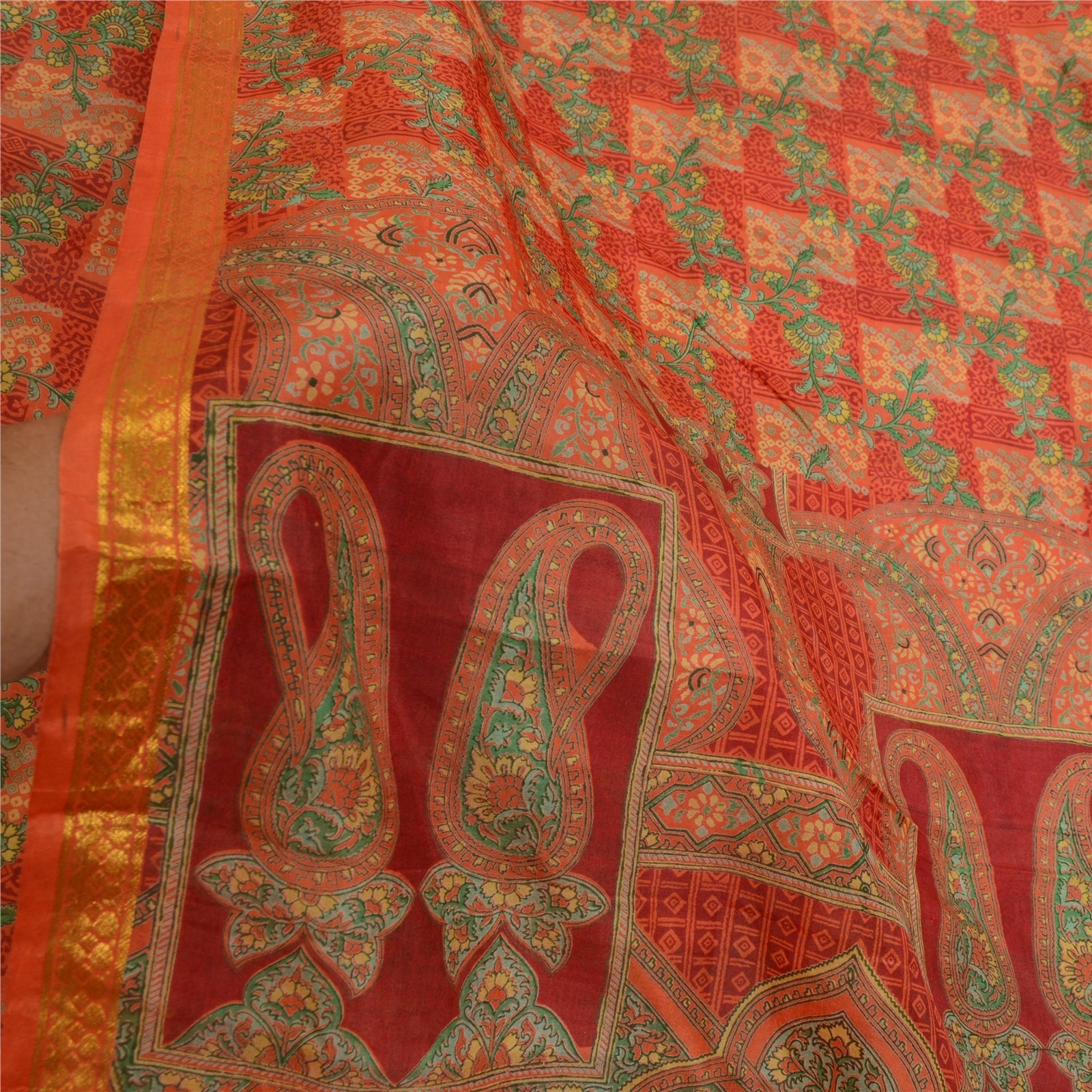 Sanskriti Vintage Sarees Orange-Green Zari Border Printed Pure Silk Sari Fabric, PR-64454-Orange &amp; Green-Pure Silk-5