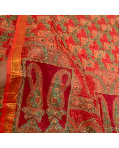 Sanskriti Vintage Sarees Orange-Green Zari Border Printed Pure Silk Sari Fabric, PR-64454-Orange &amp; Green-Pure Silk-5