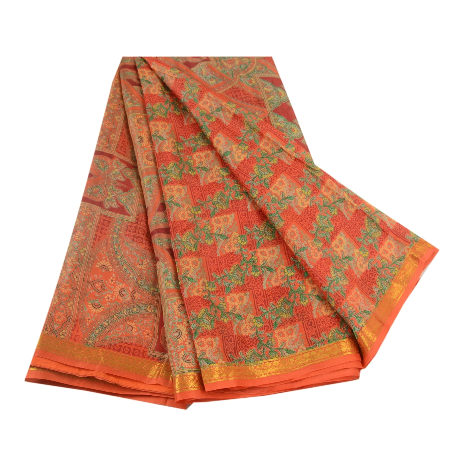 Sanskriti Vintage Sarees Orange-Green Zari Border Printed Pure Silk Sari Fabric, PR-64454-Orange &amp; Green-Pure Silk-6